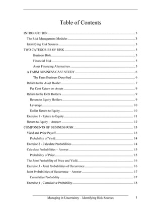 Table of Contents
INTRODUCTION .............................................................................................................. 3
   The Risk Management Modules ..................................................................................... 3
   Identifying Risk Sources................................................................................................. 3
TWO CATEGORIES OF RISK ......................................................................................... 5
          Business Risk .......................................................................................................... 5
          Financial Risk ......................................................................................................... 5
          Asset Financing Alternatives .................................................................................. 5
   A FARM BUSINESS CASE STUDY............................................................................ 6
          The Farm Business Described ................................................................................ 6
   Return to the Asset Holder.............................................................................................. 7
      Per Cent Return on Assets .......................................................................................... 9
   Return to the Debt Holders ............................................................................................. 9
      Return to Equity Holders ............................................................................................ 9
      Leverage.................................................................................................................... 10
      Dollar Return to Equity............................................................................................. 10
   Exercise 1 - Return to Equity........................................................................................ 11
   Return to Equity – Answer ........................................................................................... 12
COMPONENTS OF BUSINESS RISK ........................................................................... 13
   Yield and Price Payoff .................................................................................................. 13
      Probability of Yield................................................................................................... 14
   Exercise 2 - Calculate Probabilities .............................................................................. 14
   Calculate Probabilities – Answer.................................................................................. 15
      Probability of Price ................................................................................................... 15
   The Joint Probability of Price and Yield....................................................................... 16
   Exercise 3 - Joint Probabilities of Occurrence.............................................................. 16
   Joint Probabilities of Occurrence – Answer ................................................................. 17
      Cumulative Probability ............................................................................................. 17
   Exercise 4 - Cumulative Probability ............................................................................. 18



                          Managing in Uncertainty – Identifying Risk Sources                                                       1
 