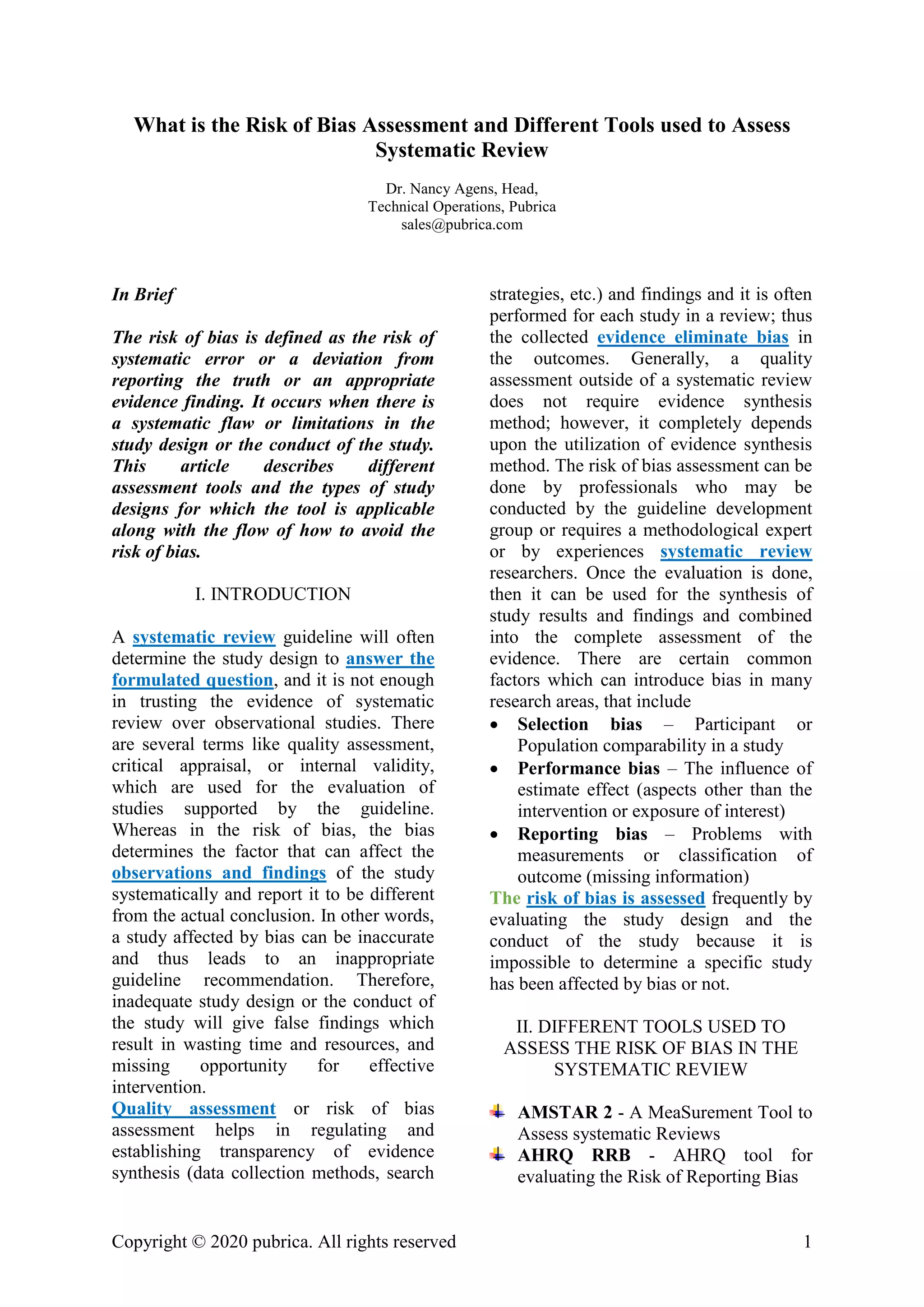 Risk of bias assessment and different tools used to assess systematic ...