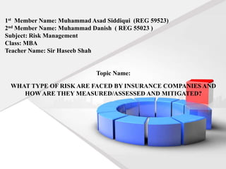 1st Member Name: Muhammad Asad Siddiqui (REG 59523)
2nd Member Name: Muhammad Danish ( REG 55023 )
Subject: Risk Management
Class: MBA
Teacher Name: Sir Haseeb Shah
Topic Name:
WHAT TYPE OF RISK ARE FACED BY INSURANCE COMPANIES AND
HOW ARE THEY MEASURED/ASSESSED AND MITIGATED?
 