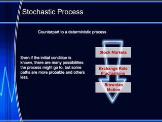 Stochastic Process

         Counterpart to a deterministic process




                                           Stock Markets
Even if the initial condition is
known, there are many possibilities
the process might go to, but some         Exchange Rate
paths are more probable and others         Fluctuations
less.
                                             Brownian
                                              Motion
 