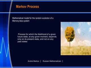 Markov Process


Mathematical model for the random evolution of a
Memory-less system




       Process for which the likelihood of a given
      future state, at any given moment, depends
      only on its present state, and not on any
      past states




                  Andrei Markov │ Russian Mathematician │
 