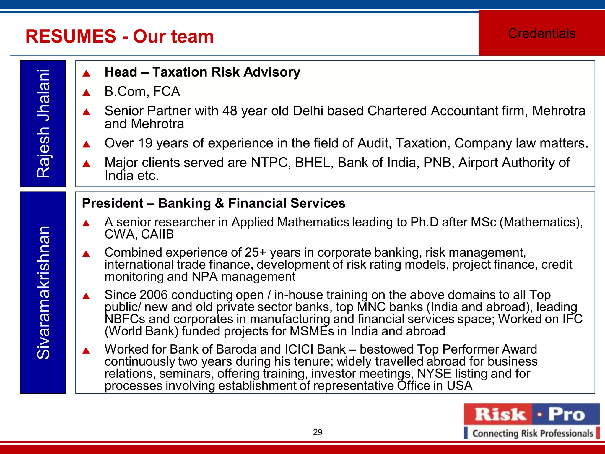 29
RESUMES - Our team
Head – Taxation Risk Advisory
B.Com, FCA
Senior Partner with 48 year old Delhi based Chartered Accountant firm, Mehrotra
and Mehrotra
Over 19 years of experience in the field of Audit, Taxation, Company law matters.
Major clients served are NTPC, BHEL, Bank of India, PNB, Airport Authority of
India etc.
RajeshJhalani
Credentials
President – Banking & Financial Services
A senior researcher in Applied Mathematics leading to Ph.D after MSc (Mathematics),
CWA, CAIIB
Combined experience of 25+ years in corporate banking, risk management,
international trade finance, development of risk rating models, project finance, credit
monitoring and NPA management
Since 2006 conducting open / in-house training on the above domains to all Top
public/ new and old private sector banks, top MNC banks (India and abroad), leading
NBFCs and corporates in manufacturing and financial services space; Worked on IFC
(World Bank) funded projects for MSMEs in India and abroad
Worked for Bank of Baroda and ICICI Bank – bestowed Top Performer Award
continuously two years during his tenure; widely travelled abroad for business
relations, seminars, offering training, investor meetings, NYSE listing and for
processes involving establishment of representative Office in USA
Sivaramakrishnan