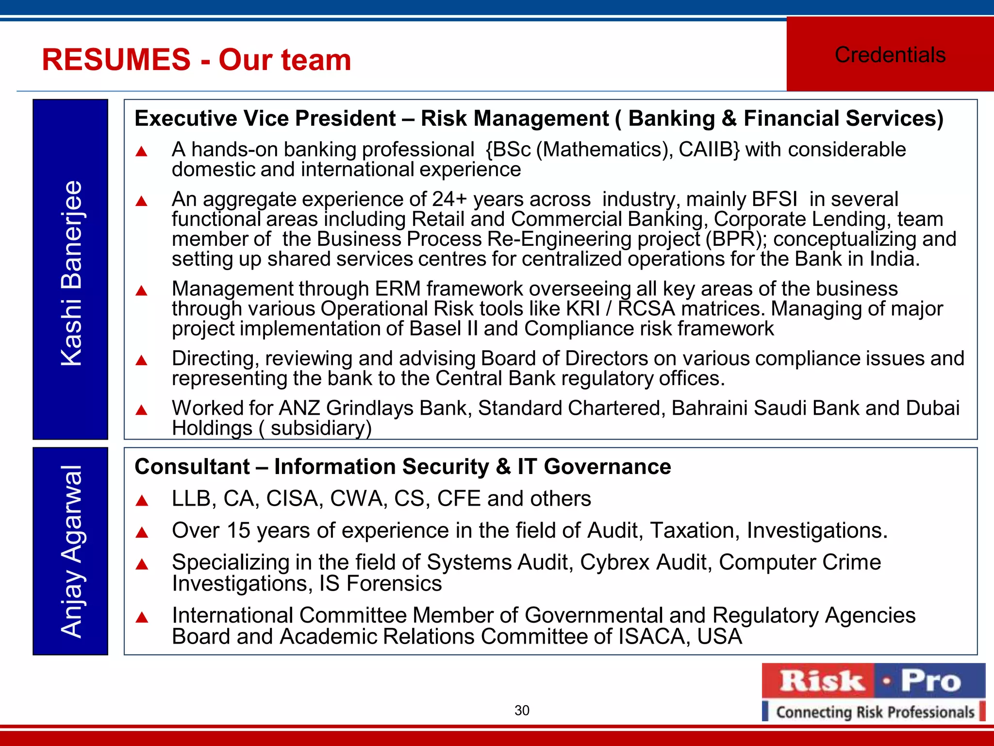 30
Executive Vice President – Risk Management ( Banking & Financial Services)
A hands-on banking professional {BSc (Mathematics), CAIIB} with considerable
domestic and international experience
An aggregate experience of 24+ years across industry, mainly BFSI in several
functional areas including Retail and Commercial Banking, Corporate Lending, team
member of the Business Process Re-Engineering project (BPR); conceptualizing and
setting up shared services centres for centralized operations for the Bank in India.
Management through ERM framework overseeing all key areas of the business
through various Operational Risk tools like KRI / RCSA matrices. Managing of major
project implementation of Basel II and Compliance risk framework
Directing, reviewing and advising Board of Directors on various compliance issues and
representing the bank to the Central Bank regulatory offices.
Worked for ANZ Grindlays Bank, Standard Chartered, Bahraini Saudi Bank and Dubai
Holdings ( subsidiary)
KashiBanerjeeRESUMES - Our team Credentials
Consultant – Information Security & IT Governance
LLB, CA, CISA, CWA, CS, CFE and others
Over 15 years of experience in the field of Audit, Taxation, Investigations.
Specializing in the field of Systems Audit, Cybrex Audit, Computer Crime
Investigations, IS Forensics
International Committee Member of Governmental and Regulatory Agencies
Board and Academic Relations Committee of ISACA, USA
AnjayAgarwal