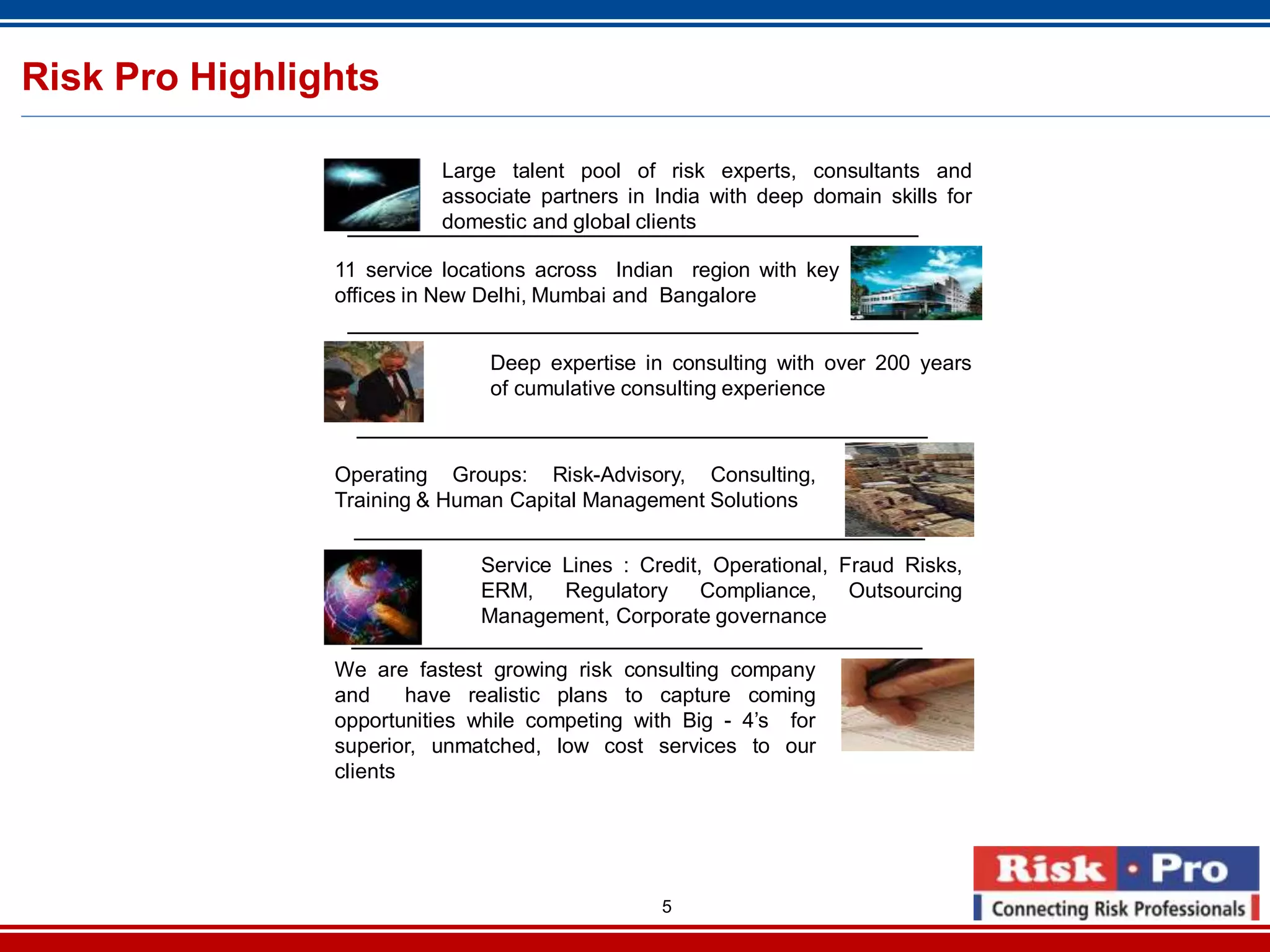 5
Risk Pro Highlights
Large talent pool of risk experts, consultants and
associate partners in India with deep domain skills for
domestic and global clients
11 service locations across Indian region with key
offices in New Delhi, Mumbai and Bangalore
Deep expertise in consulting with over 200 years
of cumulative consulting experience
Operating Groups: Risk-Advisory, Consulting,
Training & Human Capital Management Solutions
Service Lines : Credit, Operational, Fraud Risks,
ERM, Regulatory Compliance, Outsourcing
Management, Corporate governance
We are fastest growing risk consulting company
and have realistic plans to capture coming
opportunities while competing with Big - 4’s for
superior, unmatched, low cost services to our
clients