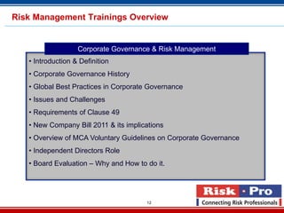 Risk Management Trainings Overview


                   Corporate Governance & Risk Management
   • Introduction & Definition
   • Corporate Governance History
   • Global Best Practices in Corporate Governance
   • Issues and Challenges
   • Requirements of Clause 49
   • New Company Bill 2011 & its implications
   • Overview of MCA Voluntary Guidelines on Corporate Governance
   • Independent Directors Role
   • Board Evaluation – Why and How to do it.




                                       12
 