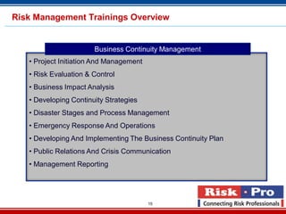 15
• Project Initiation And Management
• Risk Evaluation & Control
• Business Impact Analysis
• Developing Continuity Strategies
• Disaster Stages and Process Management
• Emergency Response And Operations
• Developing And Implementing The Business Continuity Plan
• Public Relations And Crisis Communication
• Management Reporting
Business Continuity Management
Risk Management Trainings Overview
 