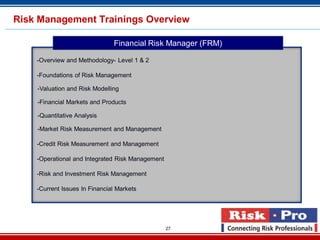 27
-Overview and Methodology- Level 1 & 2
-Foundations of Risk Management
-Valuation and Risk Modelling
-Financial Markets and Products
-Quantitative Analysis
-Market Risk Measurement and Management
-Credit Risk Measurement and Management
-Operational and Integrated Risk Management
-Risk and Investment Risk Management
-Current Issues In Financial Markets
Financial Risk Manager (FRM)
Risk Management Trainings Overview
 