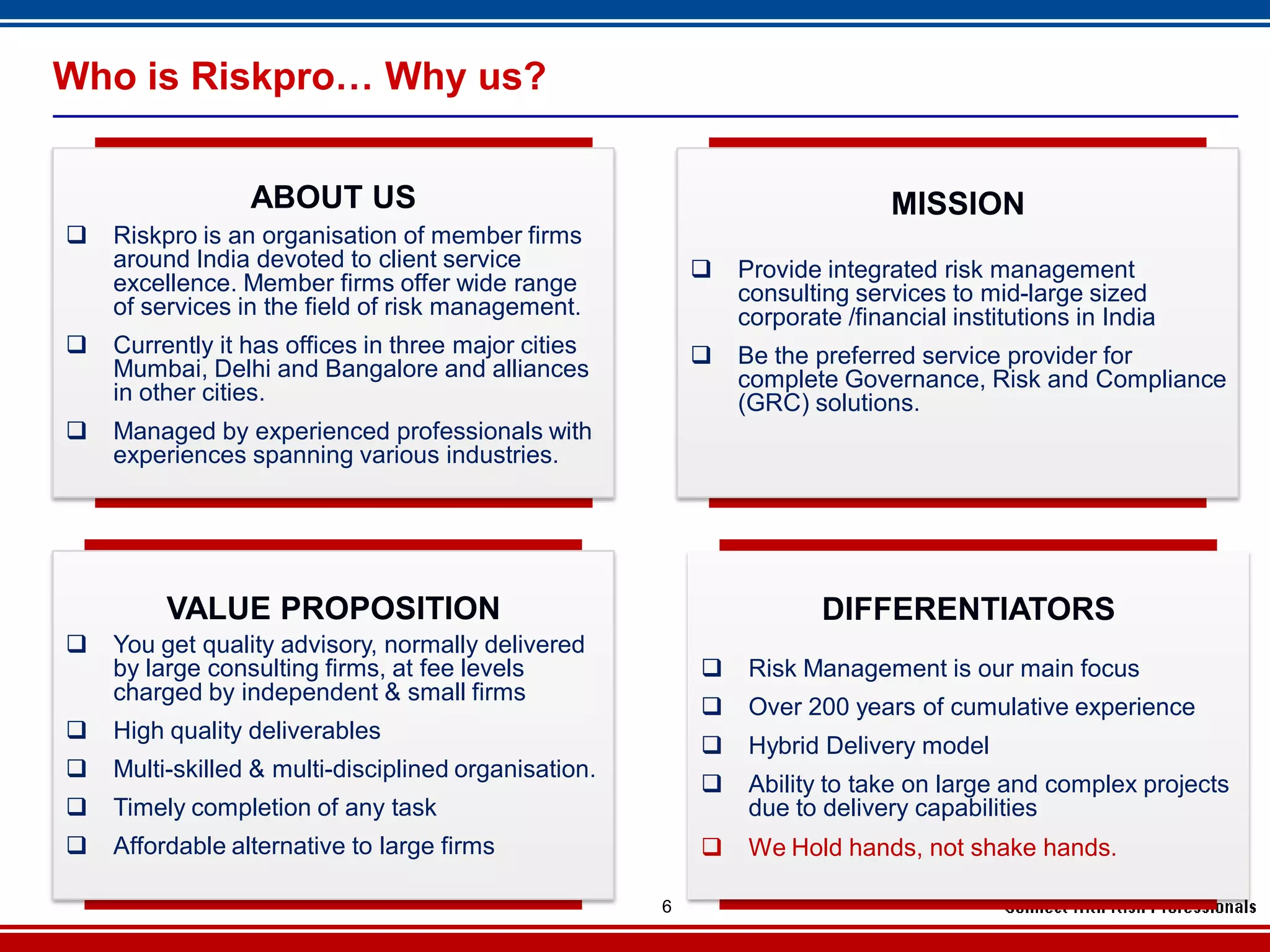 Who is Riskpro… Why us?


                 ABOUT US                                                    MISSION
   Riskpro is an organisation of member firms
    around India devoted to client service                   Provide integrated risk management
    excellence. Member firms offer wide range                 consulting services to mid-large sized
    of services in the field of risk management.              corporate /financial institutions in India
   Currently it has offices in three major cities           Be the preferred service provider for
    Mumbai, Delhi and Bangalore and alliances                 complete Governance, Risk and Compliance
    in other cities.                                          (GRC) solutions.
   Managed by experienced professionals with
    experiences spanning various industries.




         VALUE PROPOSITION                                            DIFFERENTIATORS
   You get quality advisory, normally delivered
    by large consulting firms, at fee levels                  Risk Management is our main focus
    charged by independent & small firms
                                                              Over 200 years of cumulative experience
   High quality deliverables
                                                              Hybrid Delivery model
   Multi-skilled & multi-disciplined organisation.
                                                              Ability to take on large and complex projects
   Timely completion of any task                              due to delivery capabilities
   Affordable alternative to large firms                     We Hold hands, not shake hands.

                                                      6
 