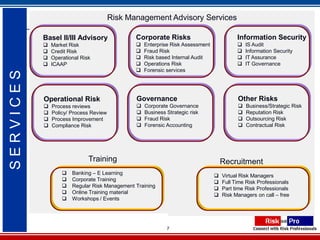 Risk Management Advisory Services

           Basel II/III Advisory               Corporate Risks                            Information Security
              Market Risk                        Enterprise Risk Assessment                IS Audit
              Credit Risk                        Fraud Risk                                Information Security
              Operational Risk                   Risk based Internal Audit                 IT Assurance
              ICAAP                              Operations Risk                           IT Governance
                                                  Forensic services
SERVICES




           Operational Risk                    Governance                                 Other Risks
              Process reviews                    Corporate Governance                      Business/Strategic Risk
              Policy/ Process Review             Business Strategic risk                   Reputation Risk
              Process Improvement                Fraud Risk                                Outsourcing Risk
              Compliance Risk                    Forensic Accounting                       Contractual Risk




                              Training                                              Recruitment
                      Banking – E Learning                                        Virtual Risk Managers
                      Corporate Training                                          Full Time Risk Professionals
                      Regular Risk Management Training                            Part time Risk Professionals
                      Online Training material
                                                                                   Risk Managers on call – free
                      Workshops / Events




                                                            7
 