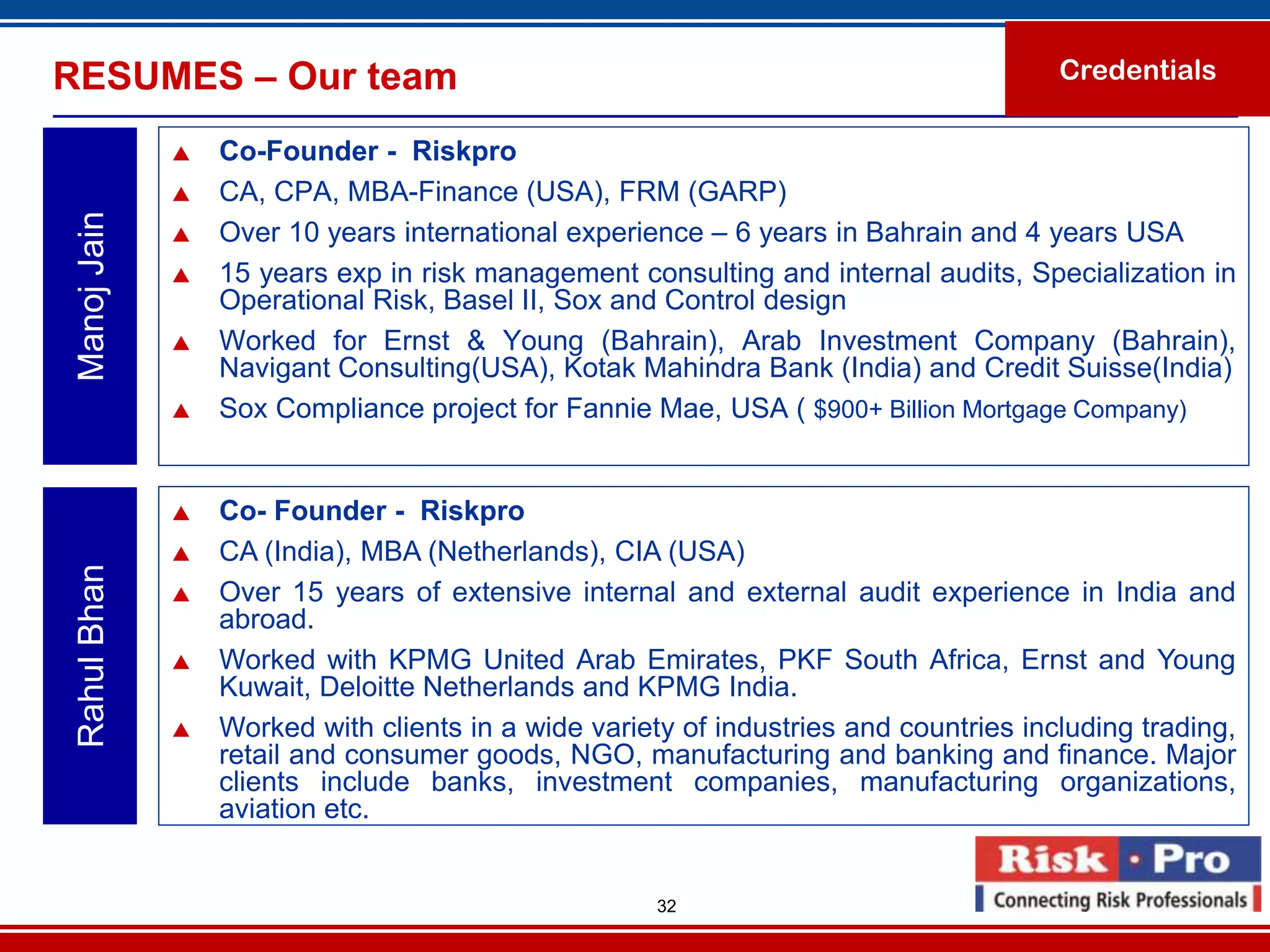 RESUMES – Our team                                                                     Credentials

                 Co-Founder - Riskpro
                 CA, CPA, MBA-Finance (USA), FRM (GARP)
 Manoj Jain


                 Over 10 years international experience – 6 years in Bahrain and 4 years USA
                 15 years exp in risk management consulting and internal audits, Specialization in
                  Operational Risk, Basel II, Sox and Control design
                 Worked for Ernst & Young (Bahrain), Arab Investment Company (Bahrain),
                  Navigant Consulting(USA), Kotak Mahindra Bank (India) and Credit Suisse(India)
                 Sox Compliance project for Fannie Mae, USA ( $900+ Billion Mortgage Company)


                 Co- Founder - Riskpro
                 CA (India), MBA (Netherlands), CIA (USA)
 Rahul Bhan




                 Over 15 years of extensive internal and external audit experience in India and
                  abroad.
                 Worked with KPMG United Arab Emirates, PKF South Africa, Ernst and Young
                  Kuwait, Deloitte Netherlands and KPMG India.
                 Worked with clients in a wide variety of industries and countries including trading,
                  retail and consumer goods, NGO, manufacturing and banking and finance. Major
                  clients include banks, investment companies, manufacturing organizations,
                  aviation etc.


                                                      32
 