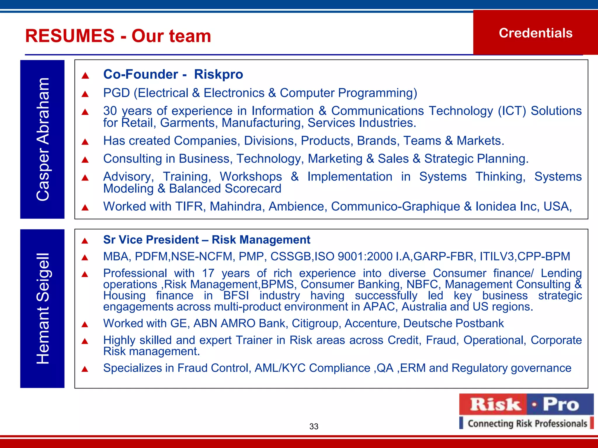RESUMES - Our team                                                                               Credentials


                     Co-Founder - Riskpro
 Casper Abraham

                     PGD (Electrical & Electronics & Computer Programming)
                     30 years of experience in Information & Communications Technology (ICT) Solutions
                      for Retail, Garments, Manufacturing, Services Industries.
                     Has created Companies, Divisions, Products, Brands, Teams & Markets.
                     Consulting in Business, Technology, Marketing & Sales & Strategic Planning.
                     Advisory, Training, Workshops & Implementation in Systems Thinking, Systems
                      Modeling & Balanced Scorecard
                     Worked with TIFR, Mahindra, Ambience, Communico-Graphique & Ionidea Inc, USA,

                     Sr Vice President – Risk Management
                      MBA, PDFM,NSE-NCFM, PMP, CSSGB,ISO 9001:2000 I.A,GARP-FBR, ITILV3,CPP-BPM
 Hemant Seigell




                  

                     Professional with 17 years of rich experience into diverse Consumer finance/ Lending
                      operations ,Risk Management,BPMS, Consumer Banking, NBFC, Management Consulting &
                      Housing finance in BFSI industry having successfully led key business strategic
                      engagements across multi-product environment in APAC, Australia and US regions.
                     Worked with GE, ABN AMRO Bank, Citigroup, Accenture, Deutsche Postbank
                     Highly skilled and expert Trainer in Risk areas across Credit, Fraud, Operational, Corporate
                      Risk management.
                     Specializes in Fraud Control, AML/KYC Compliance ,QA ,ERM and Regulatory governance.



                                                             33
 