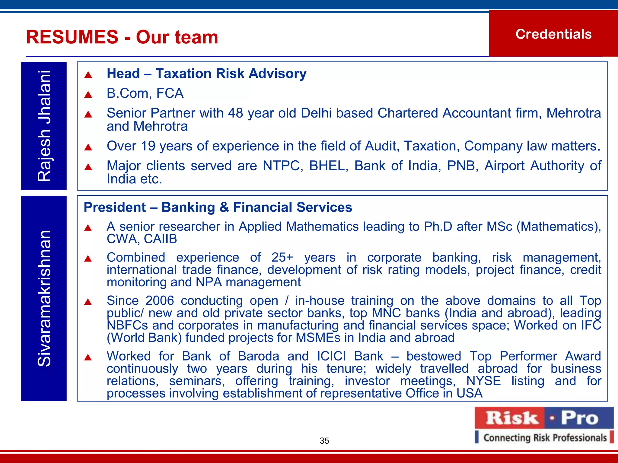 RESUMES - Our team                                                                             Credentials

                       Head – Taxation Risk Advisory
 Rajesh Jhalani

                       B.Com, FCA
                       Senior Partner with 48 year old Delhi based Chartered Accountant firm, Mehrotra
                        and Mehrotra
                       Over 19 years of experience in the field of Audit, Taxation, Company law matters.
                       Major clients served are NTPC, BHEL, Bank of India, PNB, Airport Authority of
                        India etc.

                    President – Banking & Financial Services
                       A senior researcher in Applied Mathematics leading to Ph.D after MSc (Mathematics),
 Sivaramakrishnan




                        CWA, CAIIB
                       Combined experience of 25+ years in corporate banking, risk management,
                        international trade finance, development of risk rating models, project finance, credit
                        monitoring and NPA management
                       Since 2006 conducting open / in-house training on the above domains to all Top
                        public/ new and old private sector banks, top MNC banks (India and abroad), leading
                        NBFCs and corporates in manufacturing and financial services space; Worked on IFC
                        (World Bank) funded projects for MSMEs in India and abroad
                       Worked for Bank of Baroda and ICICI Bank – bestowed Top Performer Award
                        continuously two years during his tenure; widely travelled abroad for business
                        relations, seminars, offering training, investor meetings, NYSE listing and for
                        processes involving establishment of representative Office in USA


                                                             35
 
