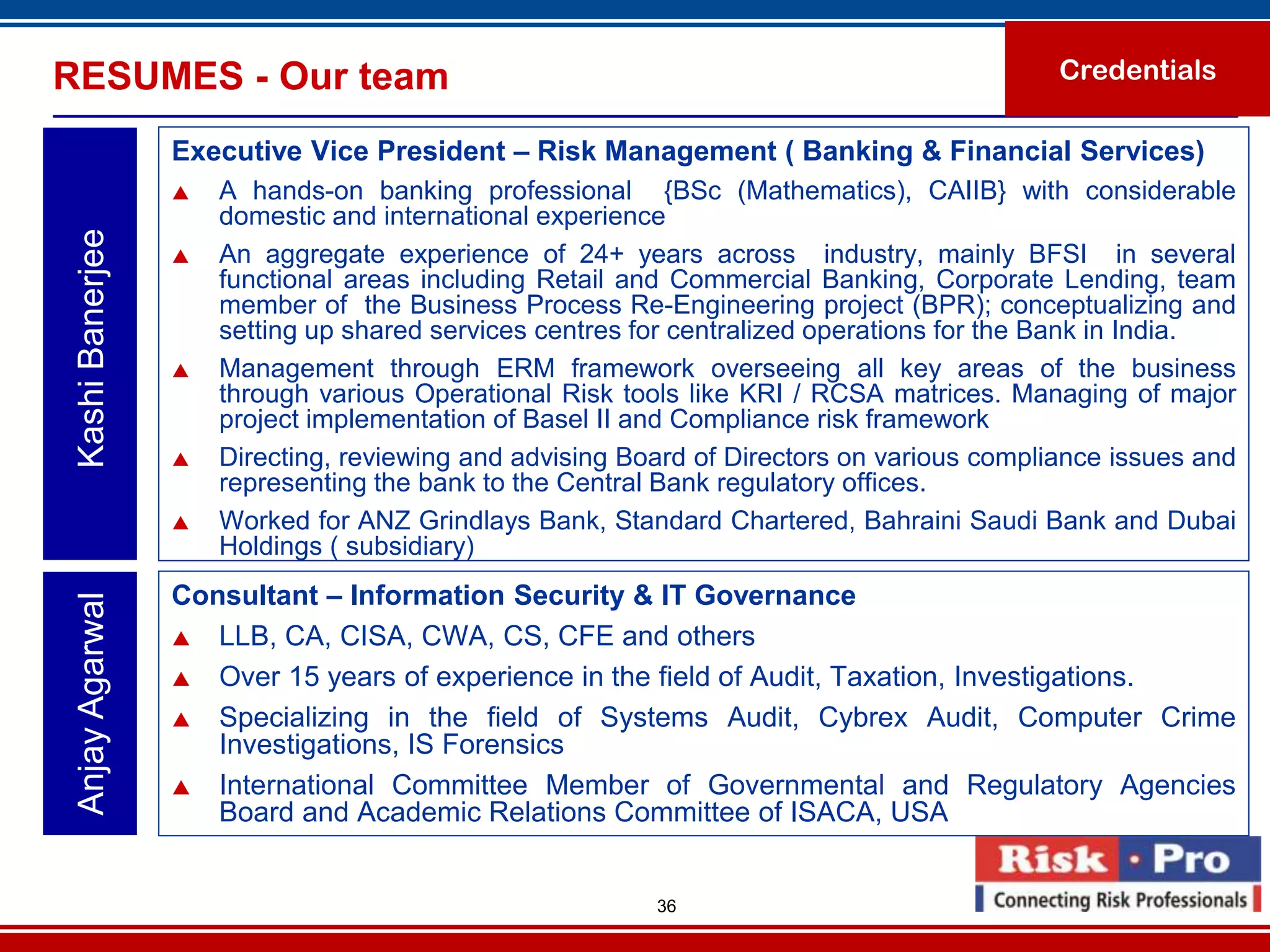RESUMES - Our team                                                                          Credentials

                  Executive Vice President – Risk Management ( Banking & Financial Services)
                     A hands-on banking professional {BSc (Mathematics), CAIIB} with considerable
                      domestic and international experience
 Kashi Banerjee



                     An aggregate experience of 24+ years across industry, mainly BFSI in several
                      functional areas including Retail and Commercial Banking, Corporate Lending, team
                      member of the Business Process Re-Engineering project (BPR); conceptualizing and
                      setting up shared services centres for centralized operations for the Bank in India.
                     Management through ERM framework overseeing all key areas of the business
                      through various Operational Risk tools like KRI / RCSA matrices. Managing of major
                      project implementation of Basel II and Compliance risk framework
                     Directing, reviewing and advising Board of Directors on various compliance issues and
                      representing the bank to the Central Bank regulatory offices.
                     Worked for ANZ Grindlays Bank, Standard Chartered, Bahraini Saudi Bank and Dubai
                      Holdings ( subsidiary)
                  Consultant – Information Security & IT Governance
 Anjay Agarwal




                   LLB, CA, CISA, CWA, CS, CFE and others

                   Over 15 years of experience in the field of Audit, Taxation, Investigations.

                   Specializing in the field of Systems Audit, Cybrex Audit, Computer Crime
                     Investigations, IS Forensics
                   International Committee Member of Governmental and Regulatory Agencies
                     Board and Academic Relations Committee of ISACA, USA


                                                          36
 