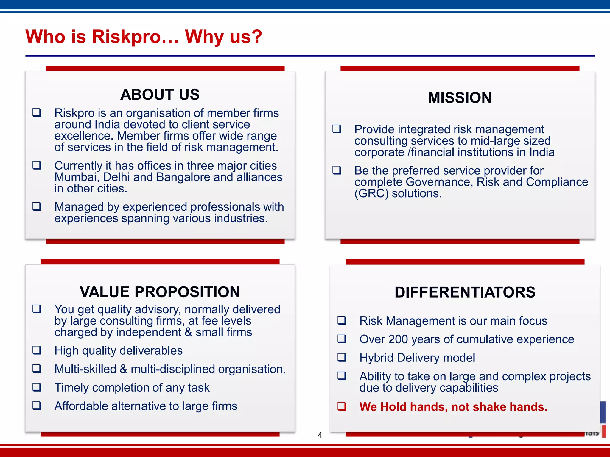 Who is Riskpro… Why us?


                 ABOUT US                                                    MISSION
   Riskpro is an organisation of member firms
    around India devoted to client service                   Provide integrated risk management
    excellence. Member firms offer wide range                 consulting services to mid-large sized
    of services in the field of risk management.              corporate /financial institutions in India
   Currently it has offices in three major cities           Be the preferred service provider for
    Mumbai, Delhi and Bangalore and alliances                 complete Governance, Risk and Compliance
    in other cities.                                          (GRC) solutions.
   Managed by experienced professionals with
    experiences spanning various industries.




         VALUE PROPOSITION                                            DIFFERENTIATORS
   You get quality advisory, normally delivered
    by large consulting firms, at fee levels                  Risk Management is our main focus
    charged by independent & small firms
                                                              Over 200 years of cumulative experience
   High quality deliverables
                                                              Hybrid Delivery model
   Multi-skilled & multi-disciplined organisation.
                                                              Ability to take on large and complex projects
   Timely completion of any task                              due to delivery capabilities
   Affordable alternative to large firms                     We Hold hands, not shake hands.

                                                      4
 