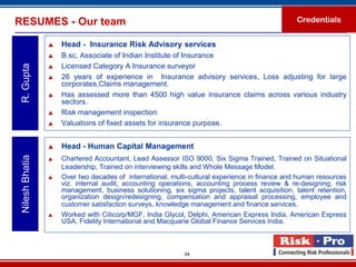 RESUMES - Our team                                                                              Credentials


                    Head - Insurance Risk Advisory services
                    B.sc, Associate of Indian Institute of Insurance
                     Licensed Category A Insurance surveyor
 R. Gupta


                 

                    26 years of experience in Insurance advisory services, Loss adjusting for large
                     corporates,Claims management.
                    Has assessed more than 4500 high value insurance claims across various industry
                     sectors.
                    Risk management inspection
                    Valuations of fixed assets for insurance purpose.


                    Head - Human Capital Management
 Nilesh Bhatia




                    Chartered Accountant, Lead Assessor ISO 9000, Six Sigma Trained, Trained on Situational
                     Leadership, Trained on interviewing skills and Whole Message Model.
                    Over two decades of international, multi-cultural experience in finance and human resources
                     viz. internal audit, accounting operations, accounting process review & re-designing, risk
                     management, business solutioning, six sigma projects, talent acquisition, talent retention,
                     organization design/redesigning, compensation and appraisal processing, employee and
                     customer satisfaction surveys, knowledge management and finance services.
                    Worked with Citicorp/MGF, India Glycol, Delphi, American Express India, American Express
                     USA, Fidelity International and Macquarie Global Finance Services India.



                                                            34
 