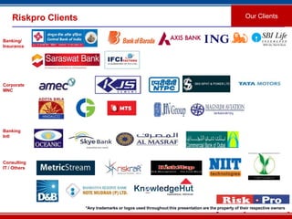 10
Riskpro Clients Our Clients
*Any trademarks or logos used throughout this presentation are the property of their respective owners
Banking/
Insurance
Corporate
MNC
Banking
Intl
Consulting
IT / Others
 