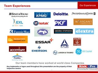 15
Team Experiences Our Experiences
Any trademarks or logos used throughout this presentation are the property of their
respective owners
Our team members have worked at world class Companies
 