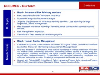 18
RESUMES - Our team
 Head - Insurance Risk Advisory services
 B.sc, Associate of Indian Institute of Insurance
 Licensed Category A Insurance surveyor
 26 years of experience in Insurance advisory services, Loss adjusting for large
corporates,Claims management.
 Has assessed more than 4500 high value insurance claims across various industry
sectors.
 Risk management inspection
 Valuations of fixed assets for insurance purpose.
R.Gupta
Credentials
 Head - Human Capital Management
 Chartered Accountant, Lead Assessor ISO 9000, Six Sigma Trained, Trained on Situational
Leadership, Trained on interviewing skills and Whole Message Model.
 Over two decades of international, multi-cultural experience in finance and human resources
viz. internal audit, accounting operations, accounting process review & re-designing, risk
management, business solutioning, six sigma projects, talent acquisition, talent retention,
organization design/redesigning, compensation and appraisal processing, employee and
customer satisfaction surveys, knowledge management and finance services.
 Worked with Citicorp/MGF, India Glycol, Delphi, American Express India, American Express
USA, Fidelity International and Macquarie Global Finance Services India.
NileshBhatia
 