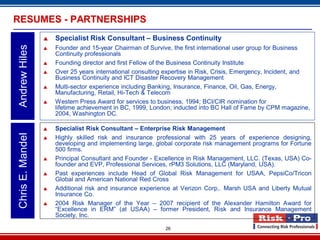 26
 Specialist Risk Consultant – Business Continuity
 Founder and 15-year Chairman of Survive, the first international user group for Business
Continuity professionals
 Founding director and first Fellow of the Business Continuity Institute
 Over 25 years international consulting expertise in Risk, Crisis, Emergency, Incident, and
Business Continuity and ICT Disaster Recovery Management
 Multi-sector experience including Banking, Insurance, Finance, Oil, Gas, Energy,
Manufacturing, Retail, Hi-Tech & Telecom
 Western Press Award for services to business, 1994; BCI/CIR nomination for
lifetime achievement in BC, 1999, London; inducted into BC Hall of Fame by CPM magazine,
2004, Washington DC.
AndrewHilesRESUMES - PARTNERSHIPS
 Specialist Risk Consultant – Enterprise Risk Management
 Highly skilled risk and insurance professional with 25 years of experience designing,
developing and implementing large, global corporate risk management programs for Fortune
500 firms.
 Principal Consultant and Founder - Excellence in Risk Management, LLC. (Texas, USA) Co-
founder and EVP, Professional Services, rPM3 Solutions, LLC (Maryland, USA).
 Past experiences include Head of Global Risk Management for USAA, PepsiCo/Tricon
Global and American National Red Cross
 Additional risk and insurance experience at Verizon Corp,. Marsh USA and Liberty Mutual
Insurance Co.
 2004 Risk Manager of the Year – 2007 recipient of the Alexander Hamilton Award for
“Excellence in ERM” (at USAA) – former President, Risk and Insurance Management
Society, Inc.
ChrisE.Mandel
 