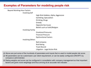Examples of Parameters for modeling people risk
     Beyond Working-Hour Factors
                      Involving Self
                                          High-Risk Hobbies; Alpha; Aggressive
                                          Gambling; Speculation
                                          Drinking; Drugs
                                          Greedy
                                          Opposite Sex Issues
                                          Beliefs such as Faith/Religion
                       Involving Family
                                          Emotional Pressures
                                          Financial Pressure
                                          Dysfunctional Factors
                       Involving Others
                                          Bad company
                                          Risk Rating
                                          Track-Record
                                          Litigation - Legal Action Risk

 Above are just some of the hundreds of parameters and inputs that re used to model people risk score.
 All parameters can be customized s per client requirement, or can be easily configured (ON/OFF) by
  company’s administrator.
 Rating weights and score can be configured in consultation with company management so that important
  factors are given more weightage and thus arriving at an accurate risk indicator
                                                         18
 
