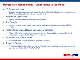 People Risk Management – Other Inputs to the Model
   HR Department Inputs
        Skills set gap, succession planning, outstanding jobs unfilled. All HR inputs can be considered by
         PRAY to model some level of risk score at entity level.
   Recruitment Verification
        Results of internal, external verification, due diligence
   Risk Register
        Inventory of known risks relating to people risk. Aggregate score of company wide HR Risk
         register
   Incident Reporting and Issues Management Database
        Responsible for how much of financial losses, number of events by the persons, all incidents
         with evidence support. Audio, Video, Documents etc
   Performance Appraisal System
        Add risk elements to existing Systems, Methods & Practice
   Reporting System
        Predictive and Pre-empts. Real-time Alerts. Yesterday, Last-week, Last-month, Last-quarter and
         Last-year knowledge. Why? Who? What for?




                                                           7
 