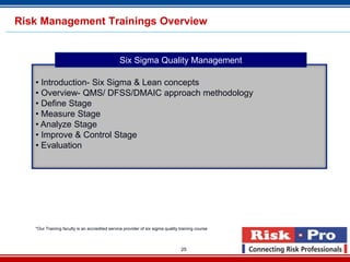 Risk Management Trainings Overview


                                                Six Sigma Quality Management

   • Introduction- Six Sigma & Lean concepts
   • Overview- QMS/ DFSS/DMAIC approach methodology
   • Define Stage
   • Measure Stage
   • Analyze Stage
   • Improve & Control Stage
   • Evaluation




   *Our Training faculty is an accredited service provider of six sigma quality training course



                                                                                25
 