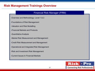 Risk Management Trainings Overview

                               Financial Risk Manager (FRM)

    -Overview and Methodology- Level 1 & 2

    -Foundations of Risk Management

    -Valuation and Risk Modelling

    -Financial Markets and Products

    -Quantitative Analysis

    -Market Risk Measurement and Management

    -Credit Risk Measurement and Management

    -Operational and Integrated Risk Management

    -Risk and Investment Risk Management

    -Current Issues In Financial Markets




                                                  27
 