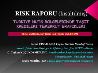 Fatma ÇINAR, MBA Capital Markets Board of Turkey
e-mail: fatma.cinar@spk.gov.tr @fatma_cinar_ftm, @TRUserGroup
C. Coşkun KÜÇÜKÖZMEN, PhD e-mail: coskun.kucukozmen@ieu.edu.tr
@ckucukozmen @RiskLabTurkey
Kutlu MERİH, PhD e-mail: kutmerih@gmail.com @cortexien
https://www.riskonomi.com
VERI GORSELLESTIRME ILE RISK YONETIMI
RISK RAPORU (kısaltılmış)
 