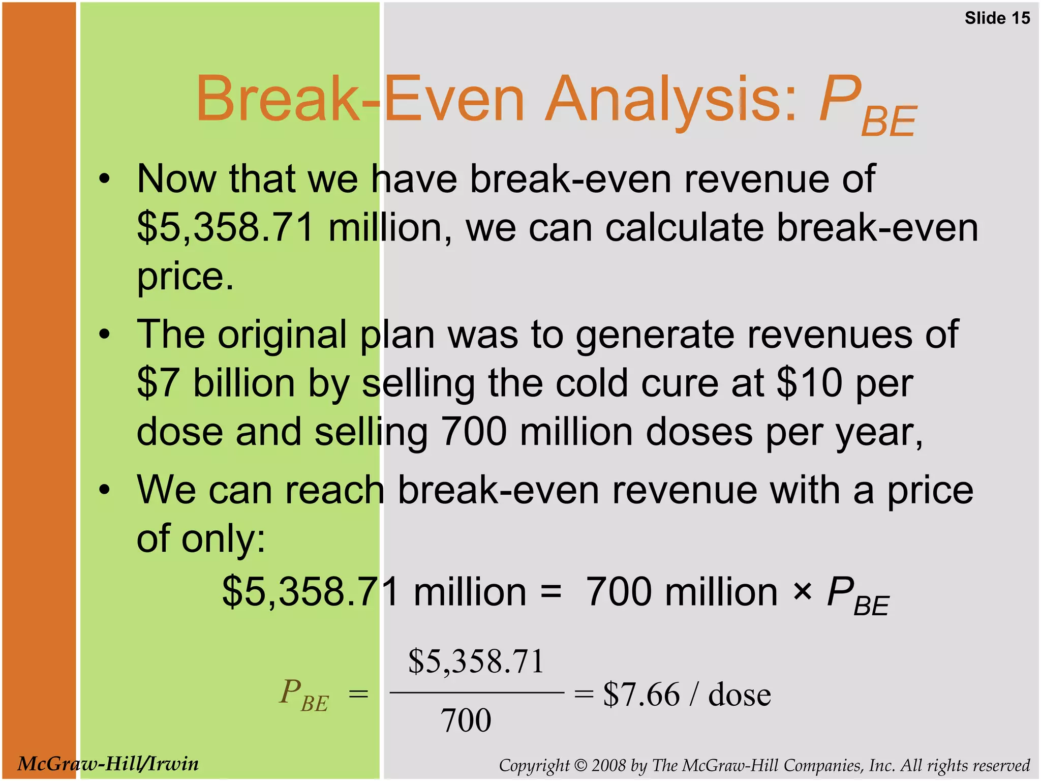 Slide 15
Copyright © 2008 by The McGraw-Hill Companies, Inc. All rights reserved
McGraw-Hill/Irwin
Break-Even Analysis: PBE
• Now that we have break-even revenue of
$5,358.71 million, we can calculate break-even
price.
• The original plan was to generate revenues of
$7 billion by selling the cold cure at $10 per
dose and selling 700 million doses per year,
• We can reach break-even revenue with a price
of only:
$5,358.71 million = 700 million × PBE
PBE = = $7.66 / dose
700
$5,358.71
 