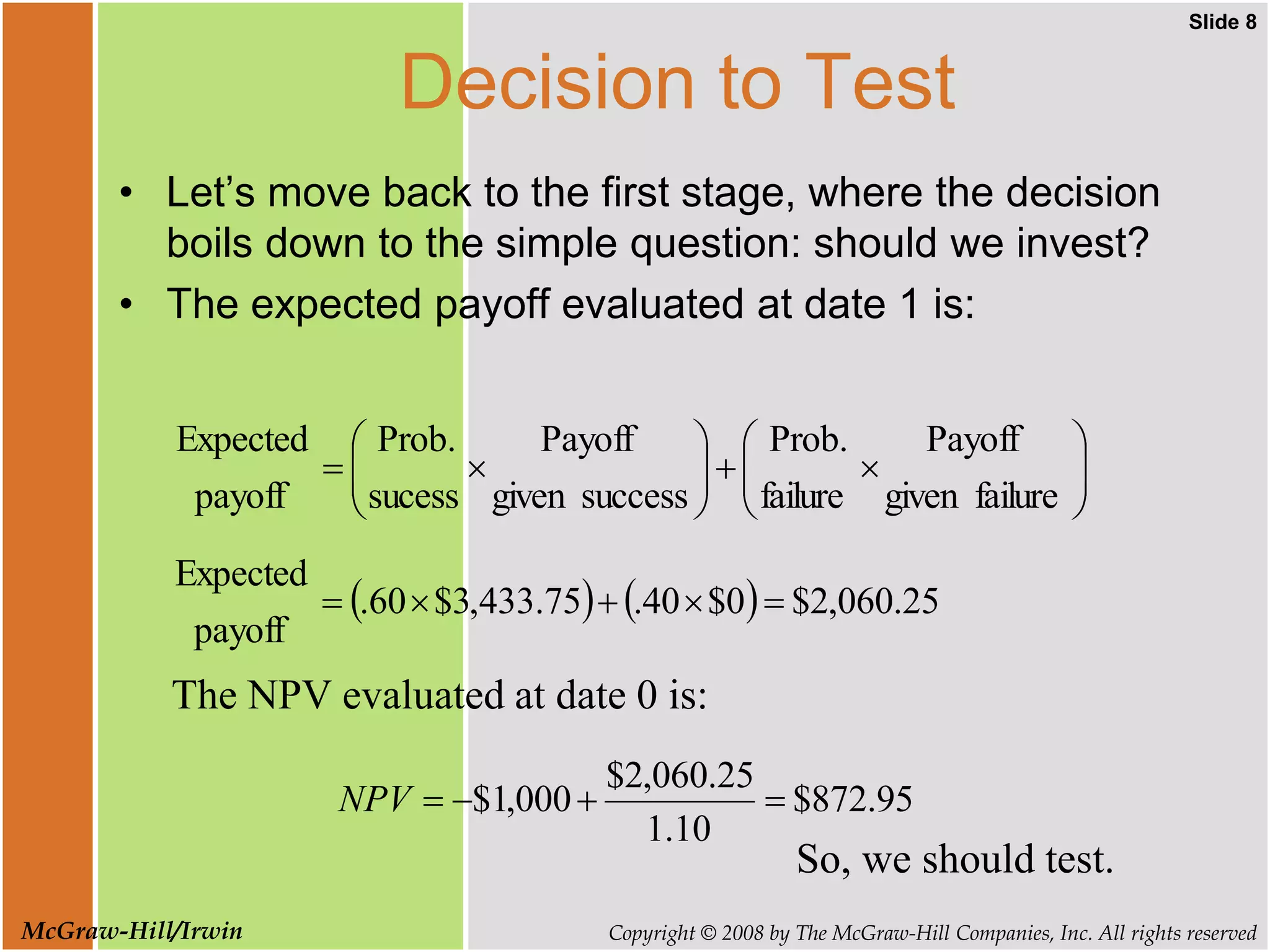 Slide 8
Copyright © 2008 by The McGraw-Hill Companies, Inc. All rights reserved
McGraw-Hill/Irwin
Decision to Test
• Let’s move back to the first stage, where the decision
boils down to the simple question: should we invest?
• The expected payoff evaluated at date 1 is:




















failure
given
Payoff
failure
Prob.
success
given
Payoff
sucess
Prob.
payoff
Expected
    25
.
060
,
2
$
0
$
40
.
75
.
433
,
3
$
60
.
payoff
Expected





95
.
872
$
10
.
1
25
.
060
,
2
$
000
,
1
$ 



NPV
The NPV evaluated at date 0 is:
So, we should test.
 