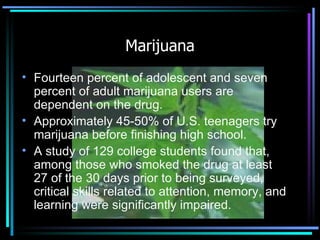 Marijuana Fourteen percent of adolescent and seven percent of adult marijuana users are dependent on the drug. Approximately 45-50% of U.S. teenagers try marijuana before finishing high school. A study of 129 college students found that, among those who smoked the drug at least 27 of the 30 days prior to being surveyed, critical skills related to attention, memory, and learning were significantly impaired. 