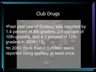 Club Drugs Past year use of Ecstasy was reported by 1.4 percent of 8th-graders, 2.8 percent of 10th-graders, and 4.1 percent of 12th-graders in 2006 (15). In 2003 more than 2.1 million teens reported using ecstasy at least once. 