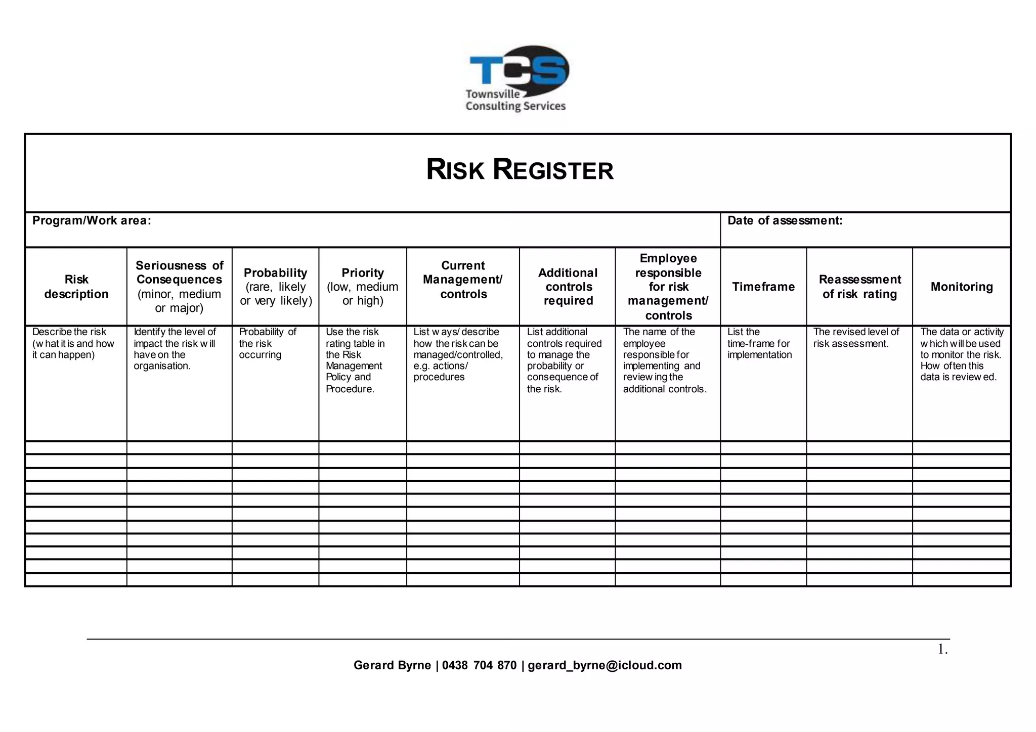 1.
Gerard Byrne | 0438 704 870 | gerard_byrne@icloud.com
RISK REGISTER
Program/Work area: Date of assessment:
Risk
description
Seriousness of
Consequences
(minor, medium
or major)
Probability
(rare, likely
or very likely)
Priority
(low, medium
or high)
Current
Management/
controls
Additional
controls
required
Employee
responsible
for risk
management/
controls
Timeframe
Reassessment
of risk rating
Monitoring
Describe the risk
(w hat it is and how
it can happen)
Identify the level of
impact the risk w ill
have on the
organisation.
Probability of
the risk
occurring
Use the risk
rating table in
the Risk
Management
Policy and
Procedure.
List w ays/ describe
how the riskcan be
managed/controlled,
e.g. actions/
procedures
List additional
controls required
to manage the
probability or
consequence of
the risk.
The name of the
employee
responsible for
implementing and
review ing the
additional controls.
List the
time-frame for
implementation
The revised level of
risk assessment.
The data or activity
w hich willbe used
to monitor the risk.
How often this
data is review ed.
 
