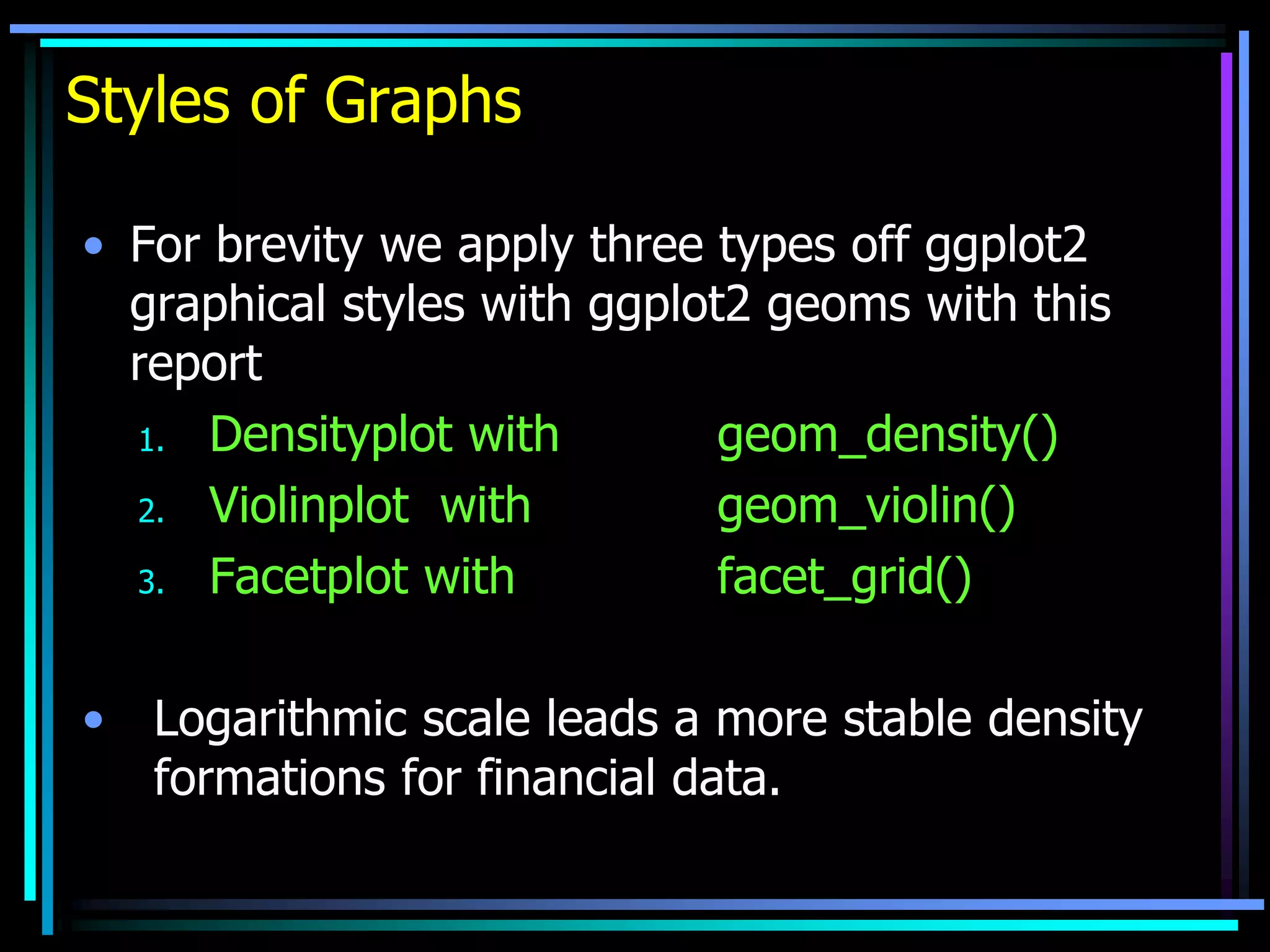 Styles of Graphs
• For brevity we apply three types off ggplot2
graphical styles with ggplot2 geoms with this
report
1. Densityplot with geom_density()
2. Violinplot with geom_violin()
3. Facetplot with facet_grid()
• Logarithmic scale leads a more stable density
formations for financial data.
 