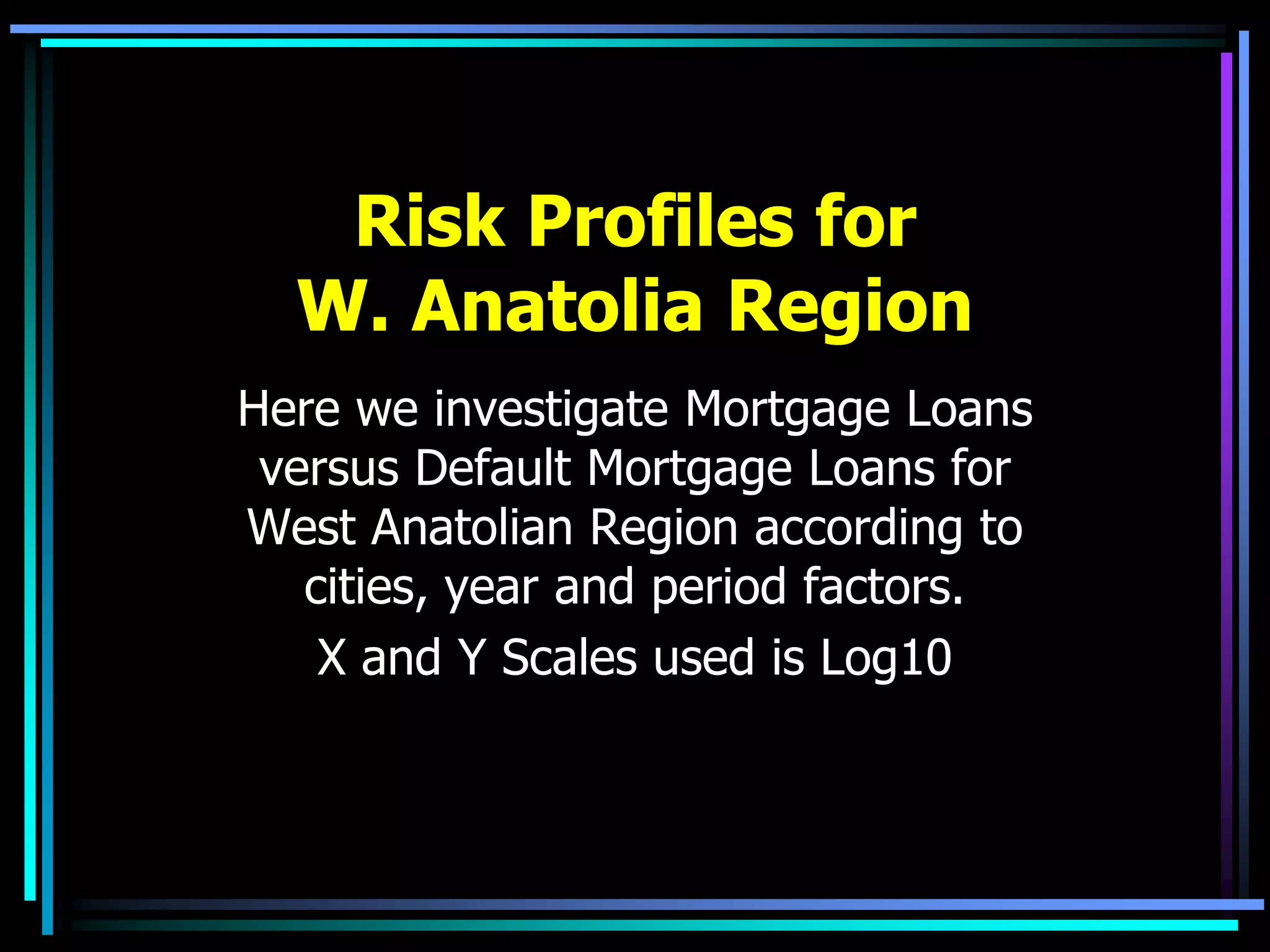 Risk Profiles for
W. Anatolia Region
Here we investigate Mortgage Loans
versus Default Mortgage Loans for
West Anatolian Region according to
cities, year and period factors.
X and Y Scales used is Log10
 