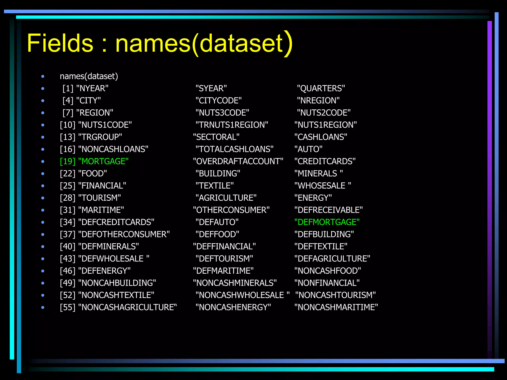 Fields : names(dataset)
• names(dataset)
• [1] "NYEAR" "SYEAR" "QUARTERS"
• [4] "CITY" "CITYCODE" "NREGION"
• [7] "REGION" "NUTS3CODE" "NUTS2CODE"
• [10] "NUTS1CODE" "TRNUTS1REGION" "NUTS1REGION"
• [13] "TRGROUP" "SECTORAL" "CASHLOANS"
• [16] "NONCASHLOANS" "TOTALCASHLOANS" "AUTO"
• [19] "MORTGAGE" "OVERDRAFTACCOUNT" "CREDITCARDS"
• [22] "FOOD" "BUILDING" "MINERALS "
• [25] "FINANCIAL" "TEXTILE" "WHOSESALE "
• [28] "TOURISM" "AGRICULTURE" "ENERGY"
• [31] "MARITIME" "OTHERCONSUMER" "DEFRECEIVABLE"
• [34] "DEFCREDITCARDS" "DEFAUTO" "DEFMORTGAGE"
• [37] "DEFOTHERCONSUMER" "DEFFOOD" "DEFBUILDING"
• [40] "DEFMINERALS" "DEFFINANCIAL" "DEFTEXTILE"
• [43] "DEFWHOLESALE " "DEFTOURISM" "DEFAGRICULTURE"
• [46] "DEFENERGY" "DEFMARITIME" "NONCASHFOOD"
• [49] "NONCAHBUILDING" "NONCASHMINERALS" "NONFINANCIAL"
• [52] "NONCASHTEXTILE" "NONCASHWHOLESALE " "NONCASHTOURISM"
• [55] "NONCASHAGRICULTURE“ "NONCASHENERGY" "NONCASHMARITIME"
 