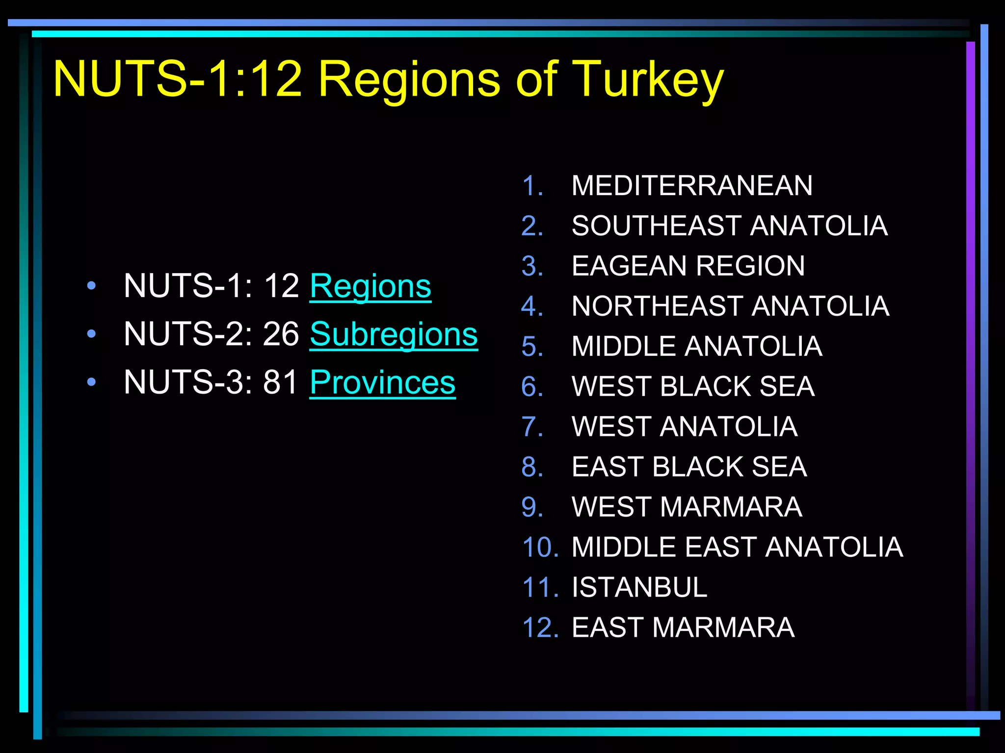 NUTS-1:12 Regions of Turkey
• NUTS-1: 12 Regions
• NUTS-2: 26 Subregions
• NUTS-3: 81 Provinces
1. MEDITERRANEAN
2. SOUTHEAST ANATOLIA
3. EAGEAN REGION
4. NORTHEAST ANATOLIA
5. MIDDLE ANATOLIA
6. WEST BLACK SEA
7. WEST ANATOLIA
8. EAST BLACK SEA
9. WEST MARMARA
10. MIDDLE EAST ANATOLIA
11. ISTANBUL
12. EAST MARMARA
 
