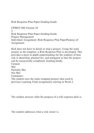 Risk Response Plan Paper Grading Guide
CPMGT/300 Version 10
3
Risk Response Plan Paper Grading Guide
Project Management
Individual Assignment: Risk Response Plan PaperPurpose of
Assignment
Risk does not have to derail or stop a project. Using the team
project as the template, a Risk Response Plan is developed. This
provides a more in depth understanding for the students of how
risk is identified, planned for, and mitigated so that the project
can be successfully completed. Grading Guide
Content
Met
Partially Met
Not Met
Comments:
The student uses the same company/project idea used in
previous Learning Team assignments starting in Week 2.
The student answers what the purpose of a risk response plan is.
The student addresses what a risk owner is.
 