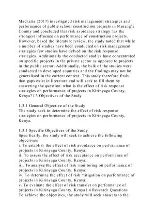 RISK RESPONSE STRATEGIES AND PERFORMANCE OF PROJECTS IN KIRINYAGA .docx
