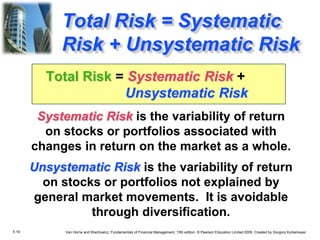 5.19 Van Horne and Wachowicz, Fundamentals of Financial Management, 13th edition. © Pearson Education Limited 2009. Created by Gregory Kuhlemeyer.
Systematic Risk is the variability of return
on stocks or portfolios associated with
changes in return on the market as a whole.
Unsystematic Risk is the variability of return
on stocks or portfolios not explained by
general market movements. It is avoidable
through diversification.
Total Risk = Systematic Risk +
Unsystematic Risk
Total Risk = Systematic
Risk + Unsystematic Risk
 