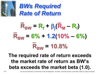 5.30 Van Horne and Wachowicz, Fundamentals of Financial Management, 13th edition. © Pearson Education Limited 2009. Created by Gregory Kuhlemeyer.
RBW = Rf + bj(RM – Rf)
RBW = 6% + 1.2(10% – 6%)
RBW = 10.8%
The required rate of return exceeds
the market rate of return as BW’s
beta exceeds the market beta (1.0).
BWs Required
Rate of Return
 