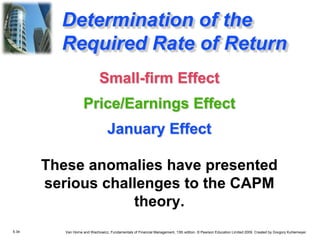 5.34 Van Horne and Wachowicz, Fundamentals of Financial Management, 13th edition. © Pearson Education Limited 2009. Created by Gregory Kuhlemeyer.
Small-firm Effect
Price/Earnings Effect
January Effect
These anomalies have presented
serious challenges to the CAPM
theory.
Determination of the
Required Rate of Return
 