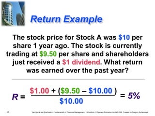 5.4 Van Horne and Wachowicz, Fundamentals of Financial Management, 13th edition. © Pearson Education Limited 2009. Created by Gregory Kuhlemeyer.
Return Example
The stock price for Stock A was $10 per
share 1 year ago. The stock is currently
trading at $9.50 per share and shareholders
just received a $1 dividend. What return
was earned over the past year?
$1.00 + ($9.50 – $10.00 )
$10.00
R = = 5%
 
