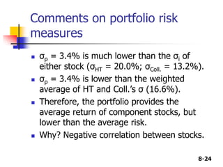 8-24
Comments on portfolio risk
measures
 σp = 3.4% is much lower than the σi of
either stock (σHT = 20.0%; σColl. = 13.2%).
 σp = 3.4% is lower than the weighted
average of HT and Coll.’s σ (16.6%).
 Therefore, the portfolio provides the
average return of component stocks, but
lower than the average risk.
 Why? Negative correlation between stocks.
 