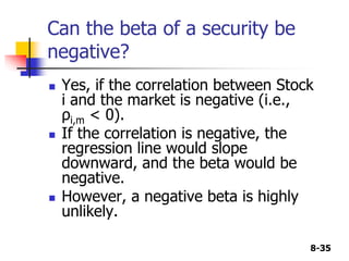8-35
Can the beta of a security be
negative?
 Yes, if the correlation between Stock
i and the market is negative (i.e.,
ρi,m < 0).
 If the correlation is negative, the
regression line would slope
downward, and the beta would be
negative.
 However, a negative beta is highly
unlikely.
 