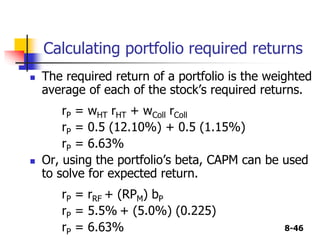 8-46
Calculating portfolio required returns
 The required return of a portfolio is the weighted
average of each of the stock’s required returns.
rP = wHT rHT + wColl rColl
rP = 0.5 (12.10%) + 0.5 (1.15%)
rP = 6.63%
 Or, using the portfolio’s beta, CAPM can be used
to solve for expected return.
rP = rRF + (RPM) bP
rP = 5.5% + (5.0%) (0.225)
rP = 6.63%
 