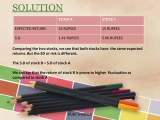 SOLUTION
STOCK X STOCK Y
EXPECTED RETURN 15 RUPEES 15 RUPEES
S.D. 1.41 RUPEES 5.66 RUPEES
Comparing the two stocks, we see that both stocks have the same expected
returns. But the SD or risk is different.
The S.D of stock B > S.D of stock A
We can say that the return of stock B is prone to higher fluctuation as
compared to stock A
RUBY SHARMARUBY SHARMA
 
