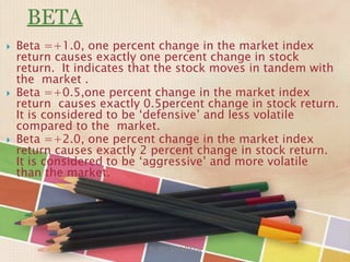 BETA
 Beta =+1.0, one percent change in the market index
return causes exactly one percent change in stock
return. It indicates that the stock moves in tandem with
the market .
 Beta =+0.5,one percent change in the market index
return causes exactly 0.5percent change in stock return.
It is considered to be ‘defensive’ and less volatile
compared to the market.
 Beta =+2.0, one percent change in the market index
return causes exactly 2 percent change in stock return.
It is considered to be ‘aggressive’ and more volatile
than the market.
RUBY SHARMA
 