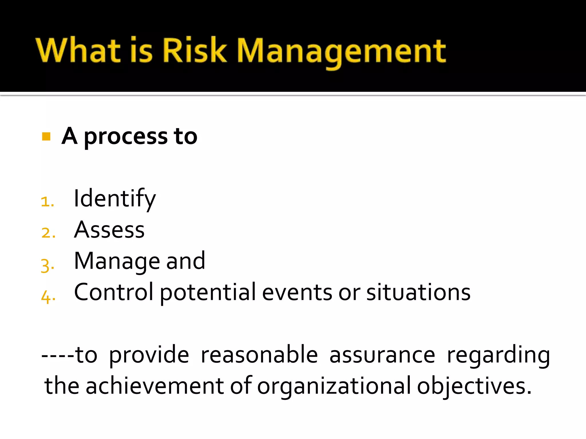  A process to
1. Identify
2. Assess
3. Manage and
4. Control potential events or situations
----to provide reasonable assurance regarding
the achievement of organizational objectives.
 