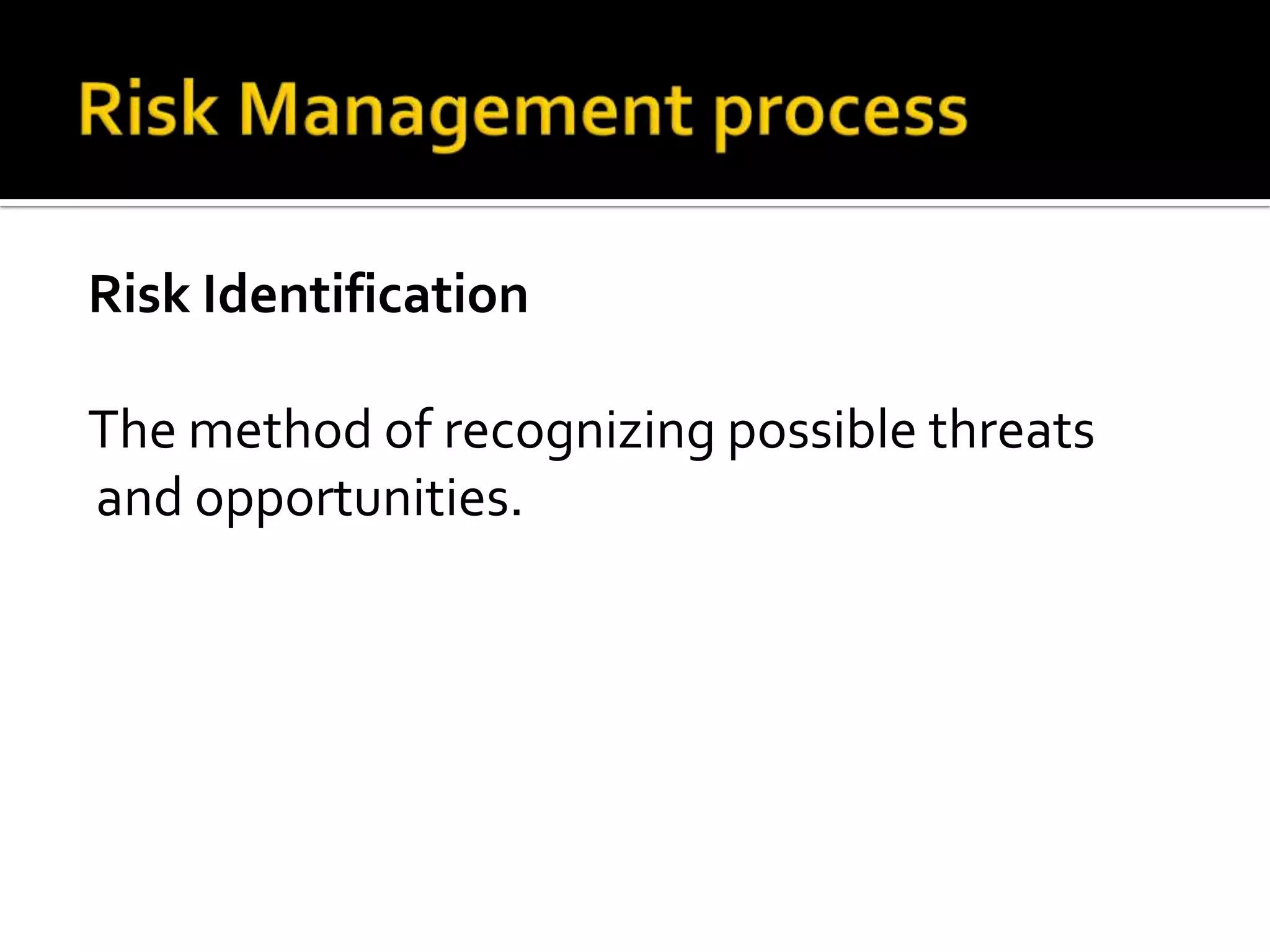 Risk Identification
The method of recognizing possible threats
and opportunities.
 